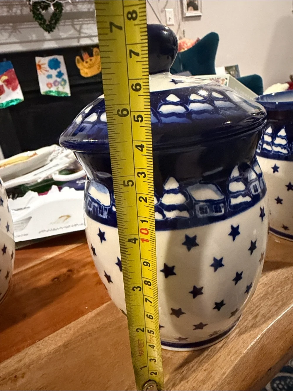Polish Pottery Winter Village with stars canister 1 liter Ceramic